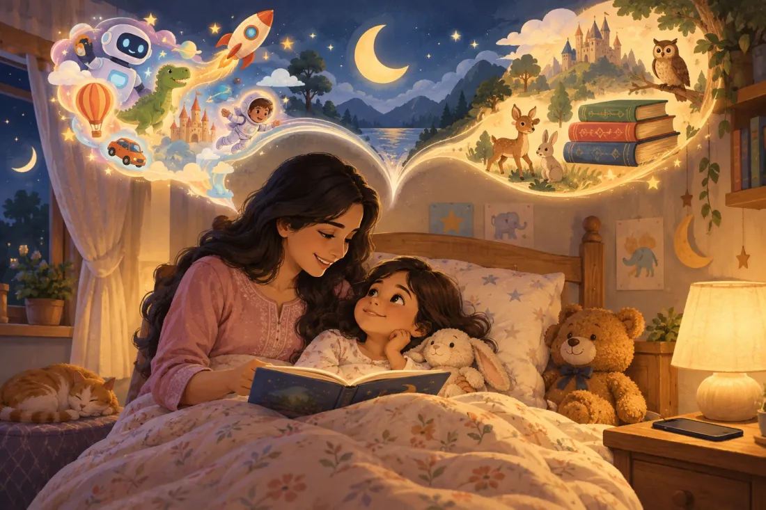 A mother reads to her daughter in bed while two streams of story rise above them: a robot, rocket, dinosaur and astronaut on one side, and a castle, owl, deer, rabbit and old storybooks on the other