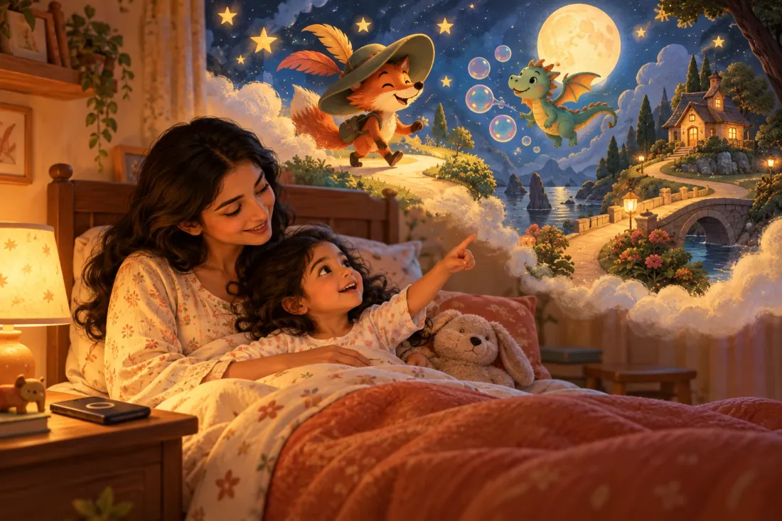 A mother and her three-year-old daughter in bed at night, the girl pointing excitedly at a fox in a feathered hat and a small dragon blowing bubbles as the story comes to life above them