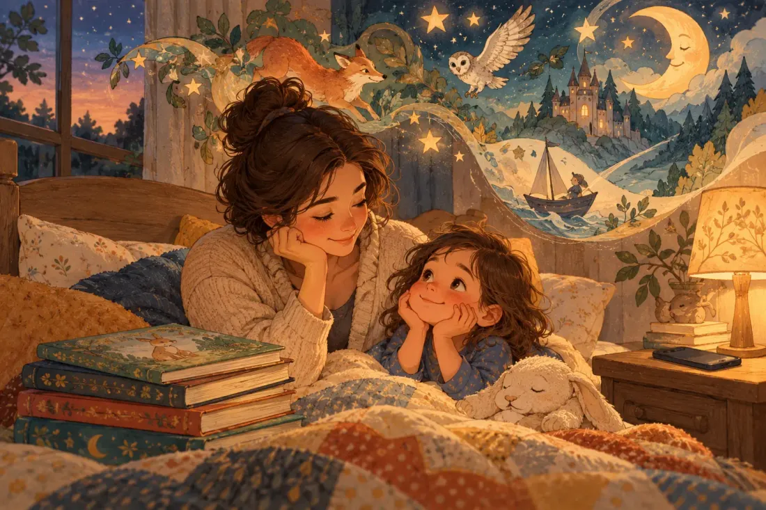 Warm illustrated bedtime scene of a parent and child listening to a story together under a blanket, with a moonlit world of animals and adventures above them