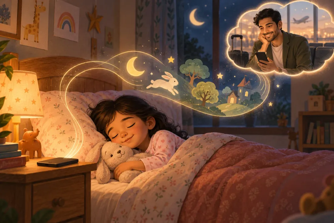 Child asleep with her bunny while a story drifts above the bed, and her father watches from an airport on a work trip