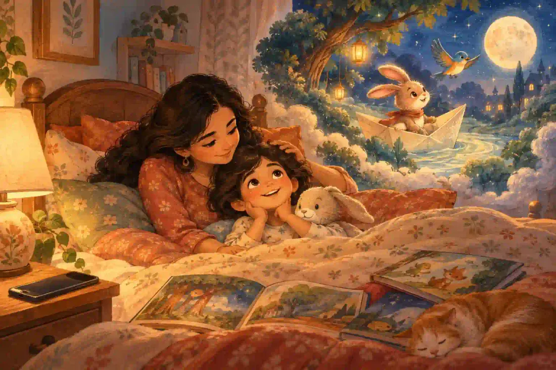 Mother and young child relaxing at bedtime while an audio story becomes a moonlit rabbit adventure in the child's imagination