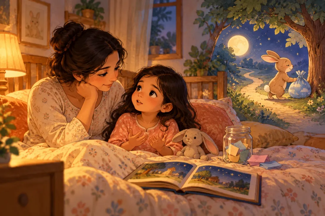 Mother listening to her young daughter's worries before a calming bedtime story