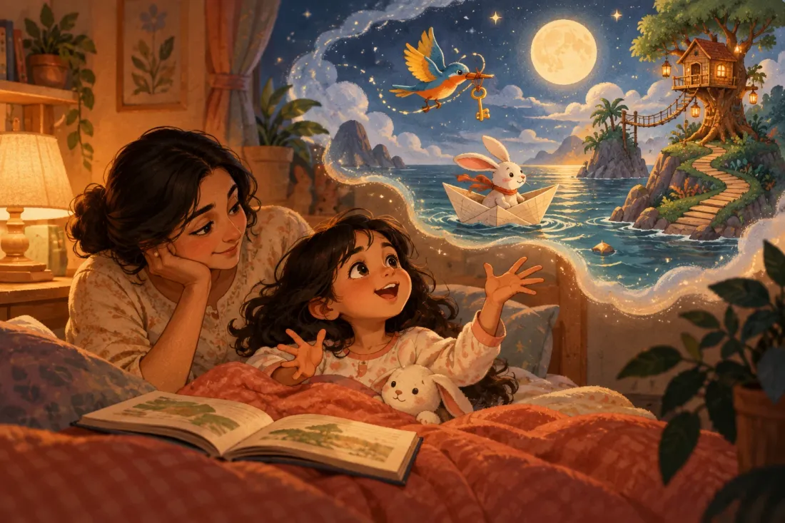 Mother listening as her daughter imagines a magical rabbit adventure during bedtime storytelling