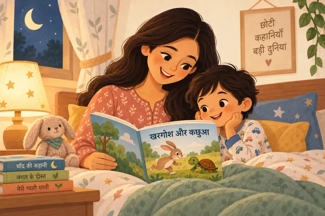 A mother reading the Hindi story खरगोश और कछुआ, the tortoise and the rabbit, to her son at bedtime, with Hindi picture books stacked beside the bed