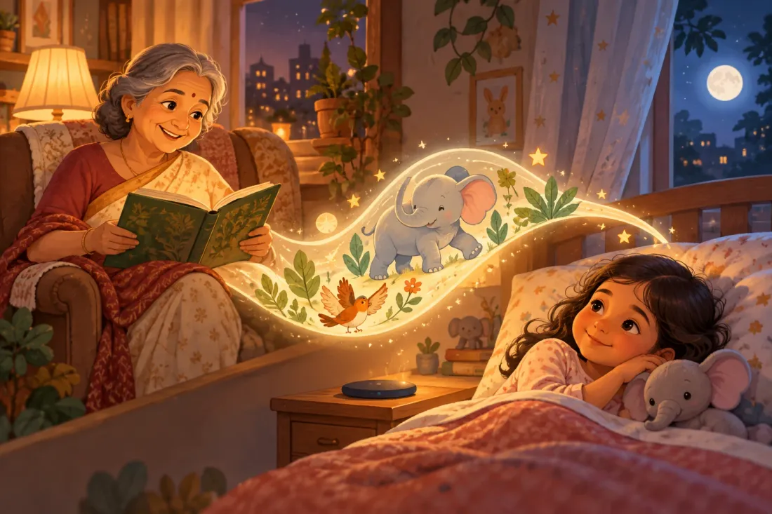 A grandmother in a sari reading a bedtime story from her armchair while, far away, her granddaughter listens in bed hugging a toy elephant, the story drifting between them as a ribbon of light