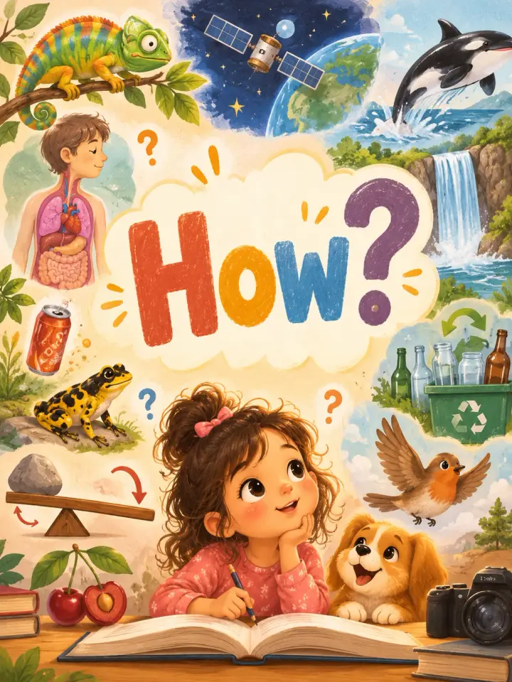 Illustrated children exploring how the world works around a colorful How? title
