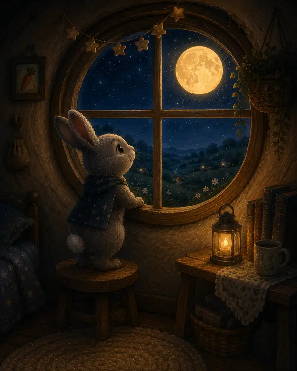 A small watercolour rabbit hopping through a soft, moonlit forest.