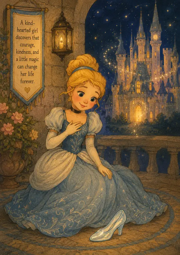 A kind young girl in a shimmering gown leaving a crystal slipper on the palace steps at night.