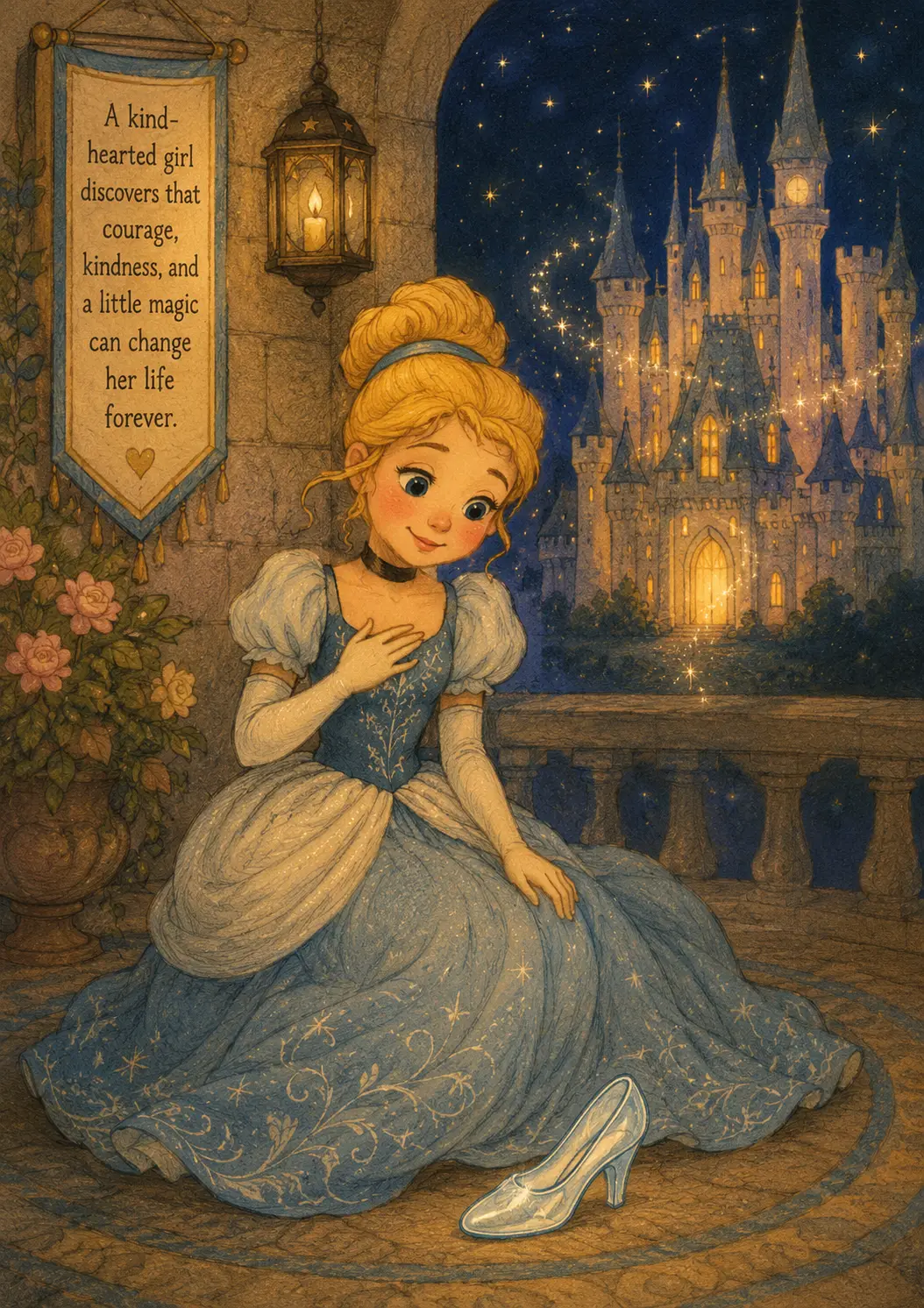 A kind young girl in a shimmering gown leaving a crystal slipper on the palace steps at night.