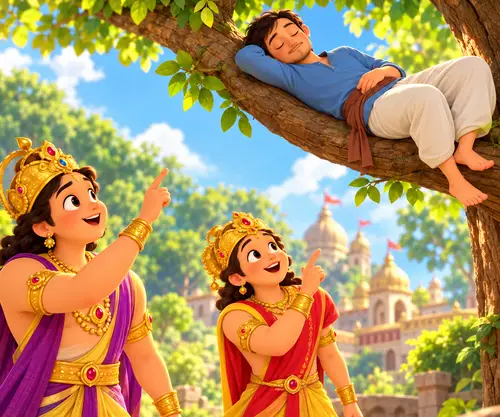 जंगल में पेड़ के नीचे पोटली के पास बैठा उदास बुनकर, ऊपर रात का आसमान