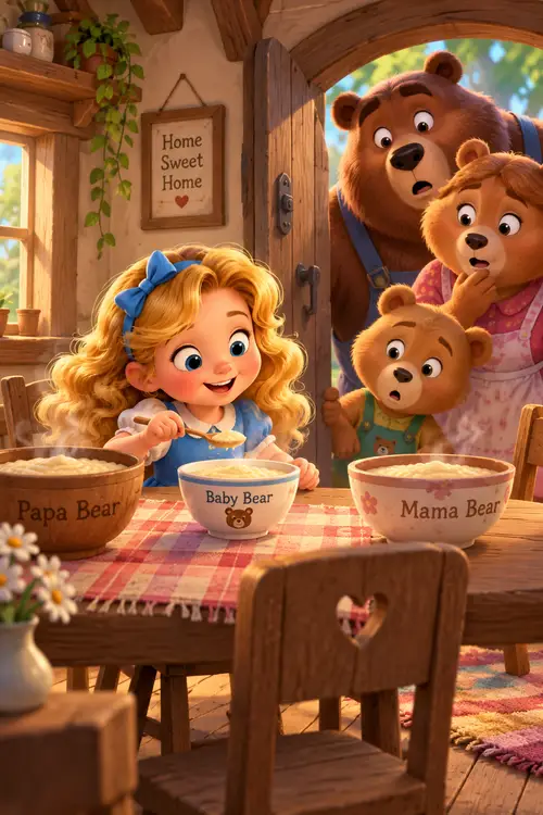 Goldilocks with long golden hair tasting porridge at the three bears' wooden table inside their cottage in the woods