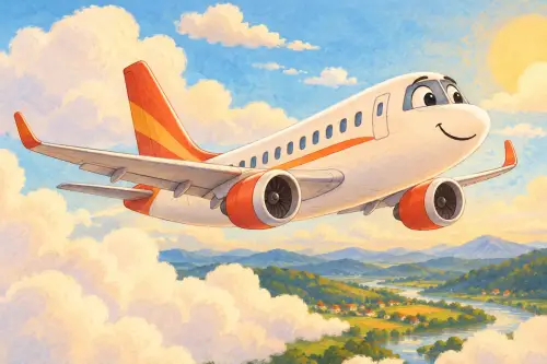 A smiling white passenger airplane with orange engines flies above clouds and a green valley.