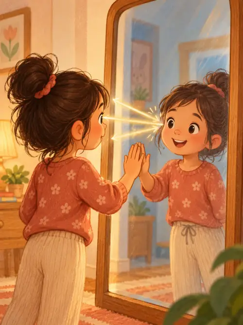 A smiling girl in a red floral sweater touches a mirror and sees her reflection.