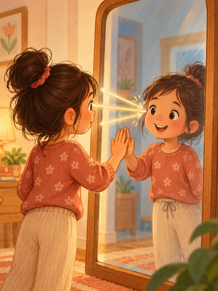 A smiling girl in a red floral sweater touches a mirror and sees her reflection.