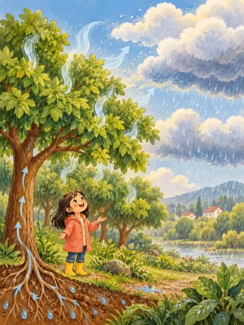 A child watches water vapour rise from leafy trees toward rain clouds above a river.