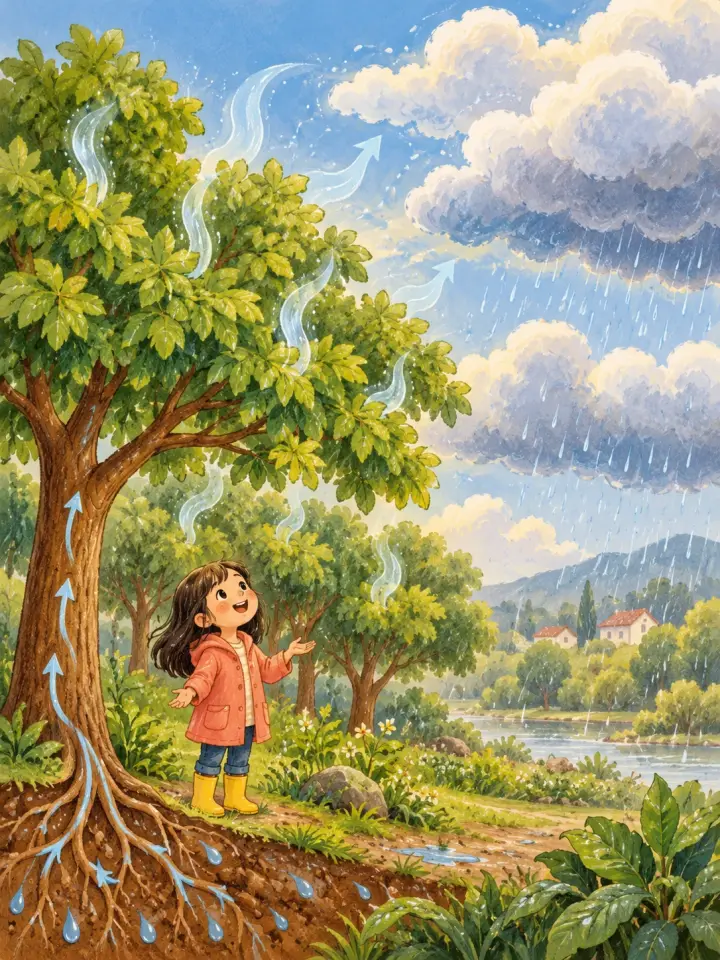 A child watches water vapour rise from leafy trees toward rain clouds above a river.