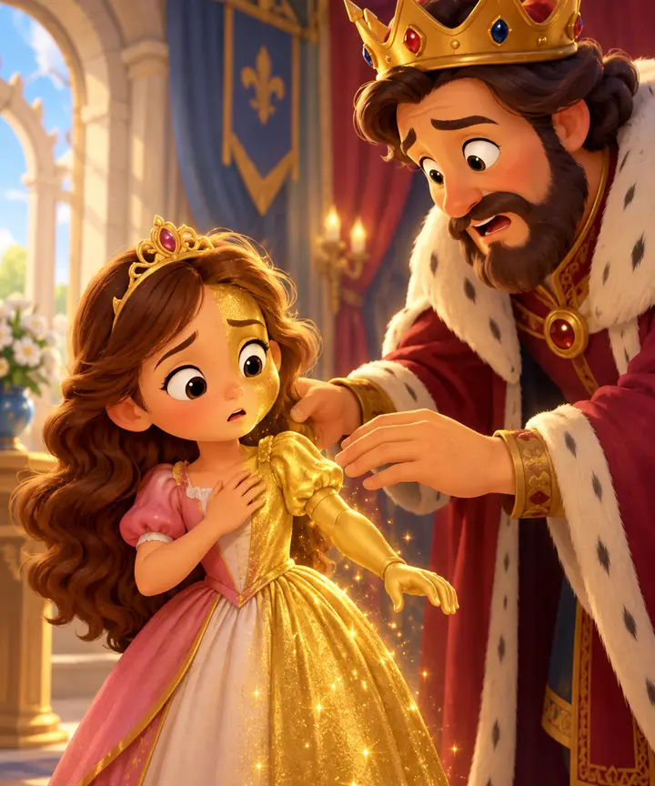 King Midas in his palace reaching toward his daughter Marigold as a flower and vase near them turn to shining gold