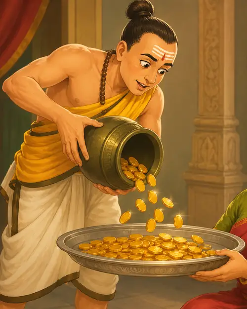 A Brahman in a yellow shawl tips a large brass pot, and bright gold coins pour out onto a metal tray held out to him.