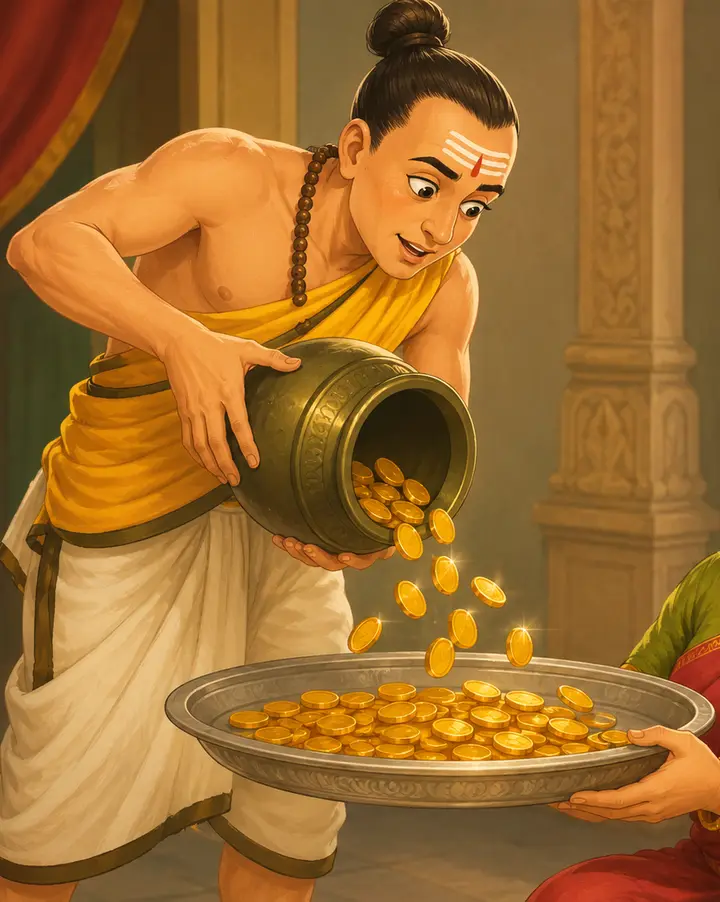 A Brahman in a yellow shawl tips a large brass pot, and bright gold coins pour out onto a metal tray held out to him.