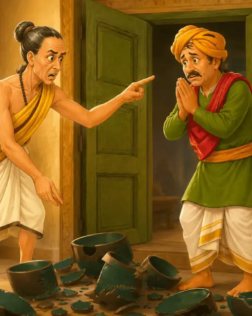 A man points in dismay at his neighbor, who stands with folded hands and a worried face, while broken clay pots lie scattered across the floor between them.