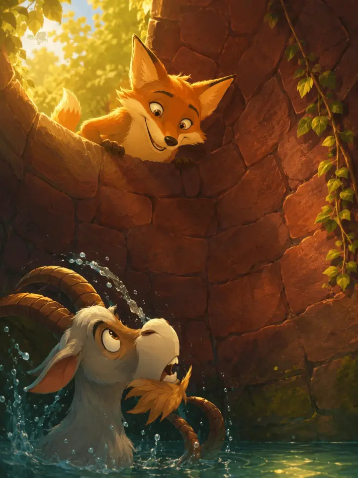 A friendly goat peers over the mossy stone rim of an old forest well while a clever fox looks up at her from the water below.