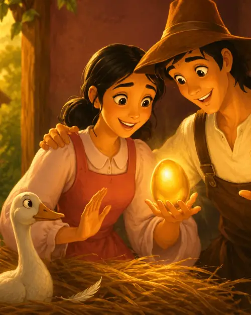 A farmer and his wife lean together in a warm barn, looking in wonder at a glowing golden egg cupped in his hands, their white goose on the straw beside them.