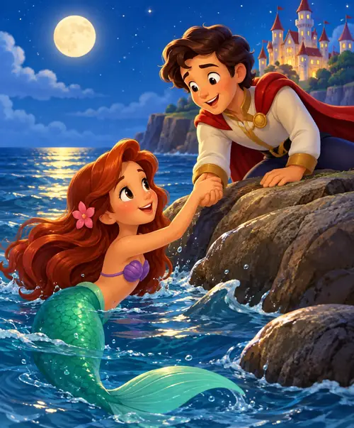 A young mermaid with long flowing hair singing among moonlit ocean waves and colorful fish, with a soft golden light glowing in the deep water below her
