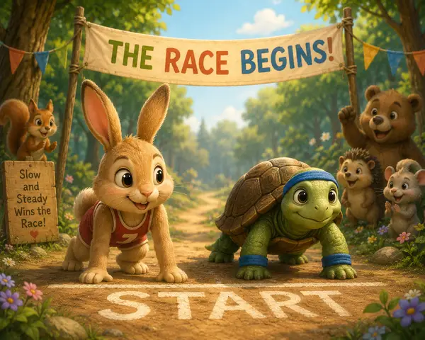A rabbit and a tortoise at a START line beneath a "The Race Begins" banner, cheered by woodland friends.